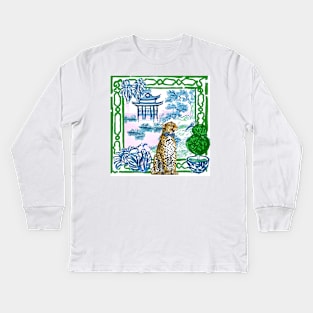 Leopard in chinoiserie landscape Kids Long Sleeve T-Shirt